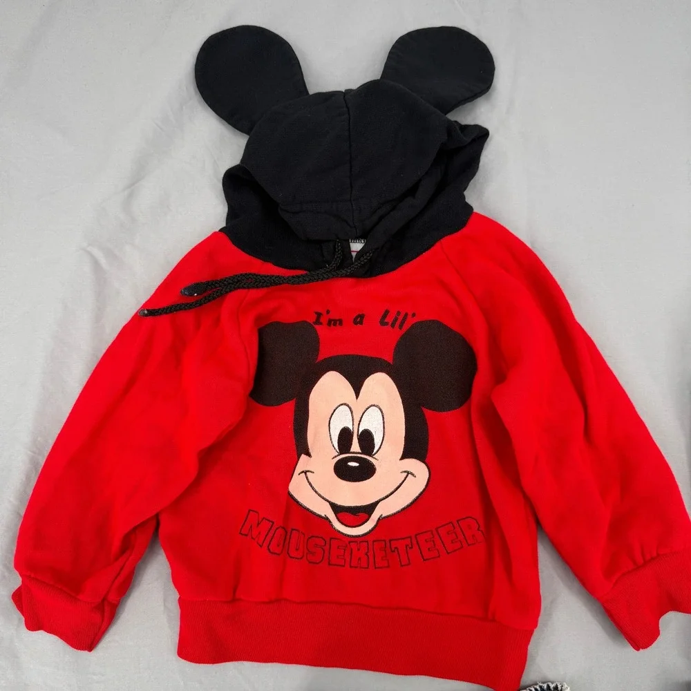 Vintage Toddler Boy Lot 12M Disney Mickey Mouse Hoodie Overalls Acid Wash Jeans